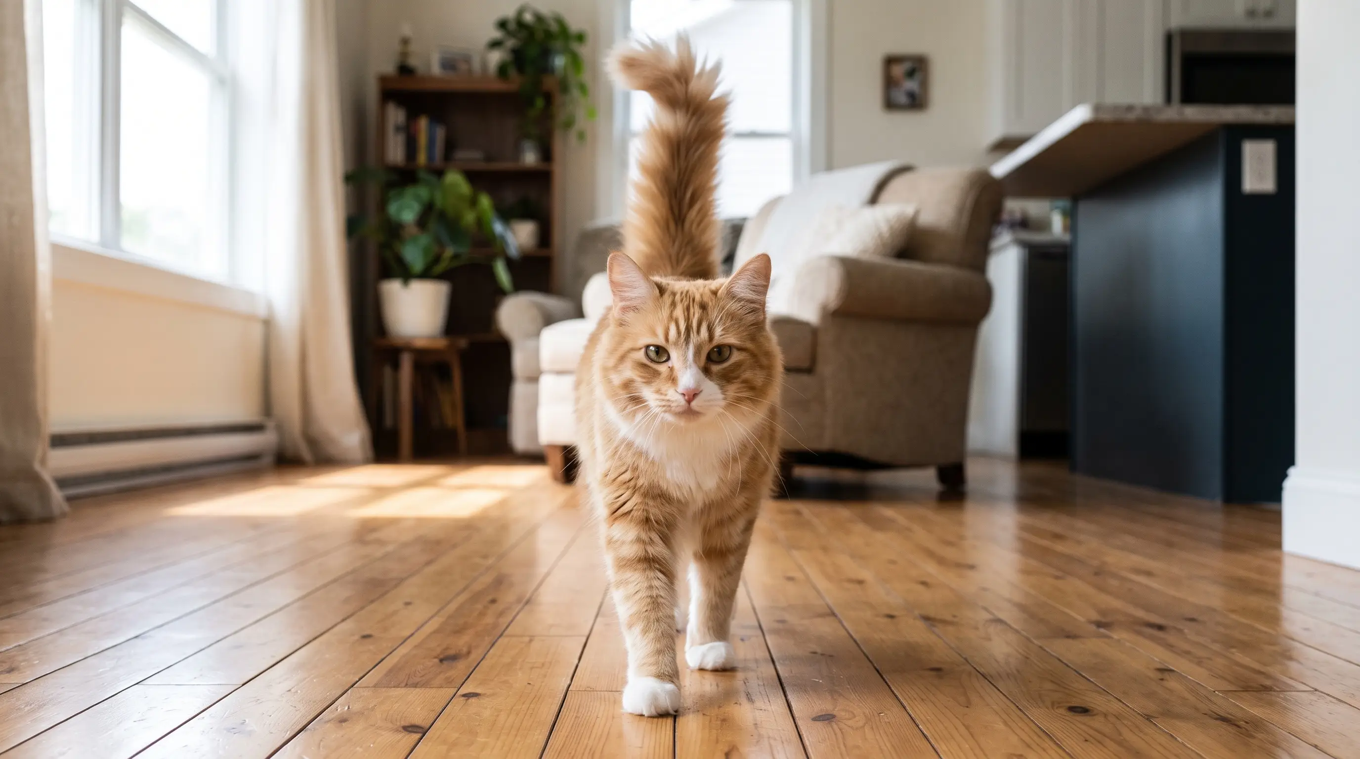 A cat walking towards the camera with its tail held straight up in a confident greeting