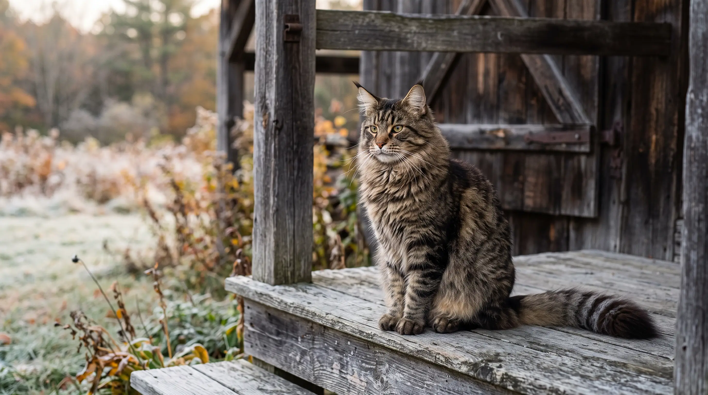 A large brown tabby Maine Coon sitting on the porch of a weathered New England barn