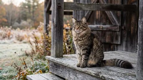 A large brown tabby Maine Coon sitting on the porch of a weathered New England barn