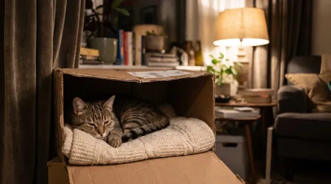A tabby cat curled up calmly inside a covered cardboard den in a darkened room, relaxed rather than frightened
