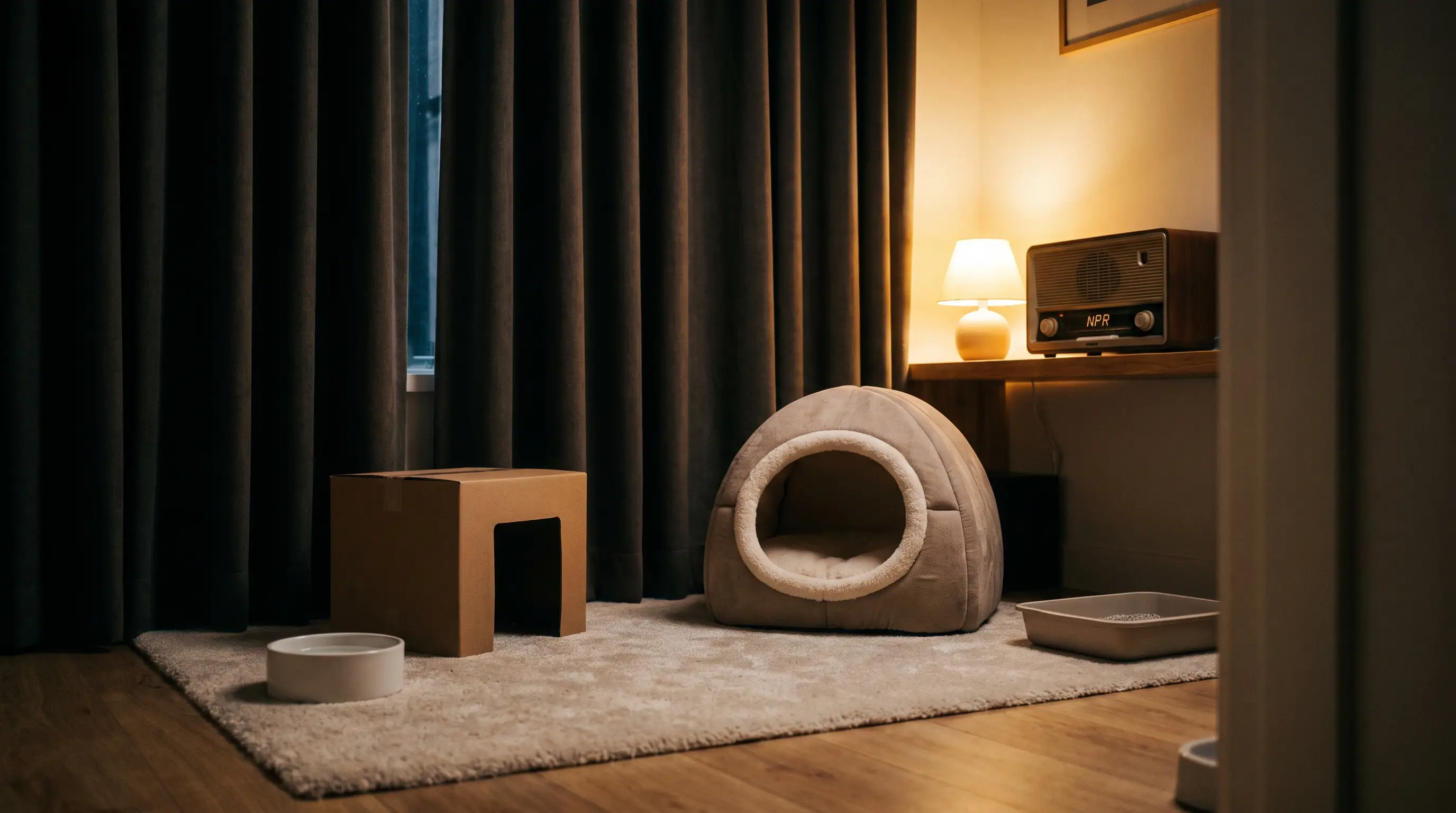 A quiet room prepared for a cat with a covered bed, a cardboard hiding box, water and a litter tray, curtains fully drawn