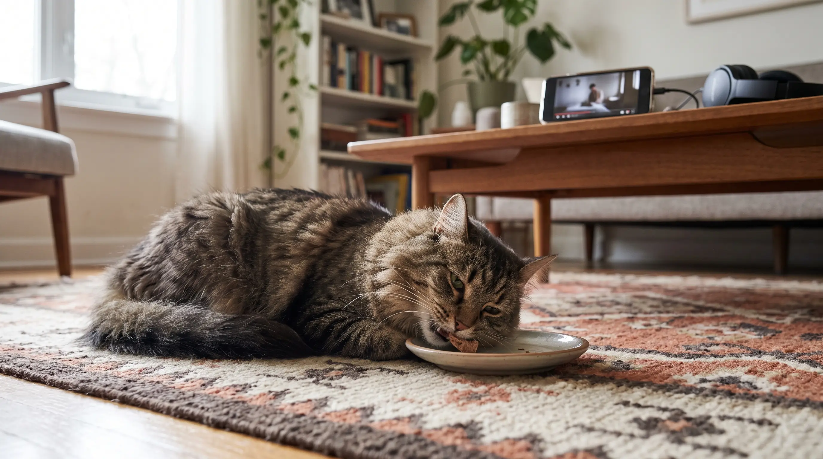 A relaxed cat eating a treat on a rug while a phone plays a sound quietly nearby
