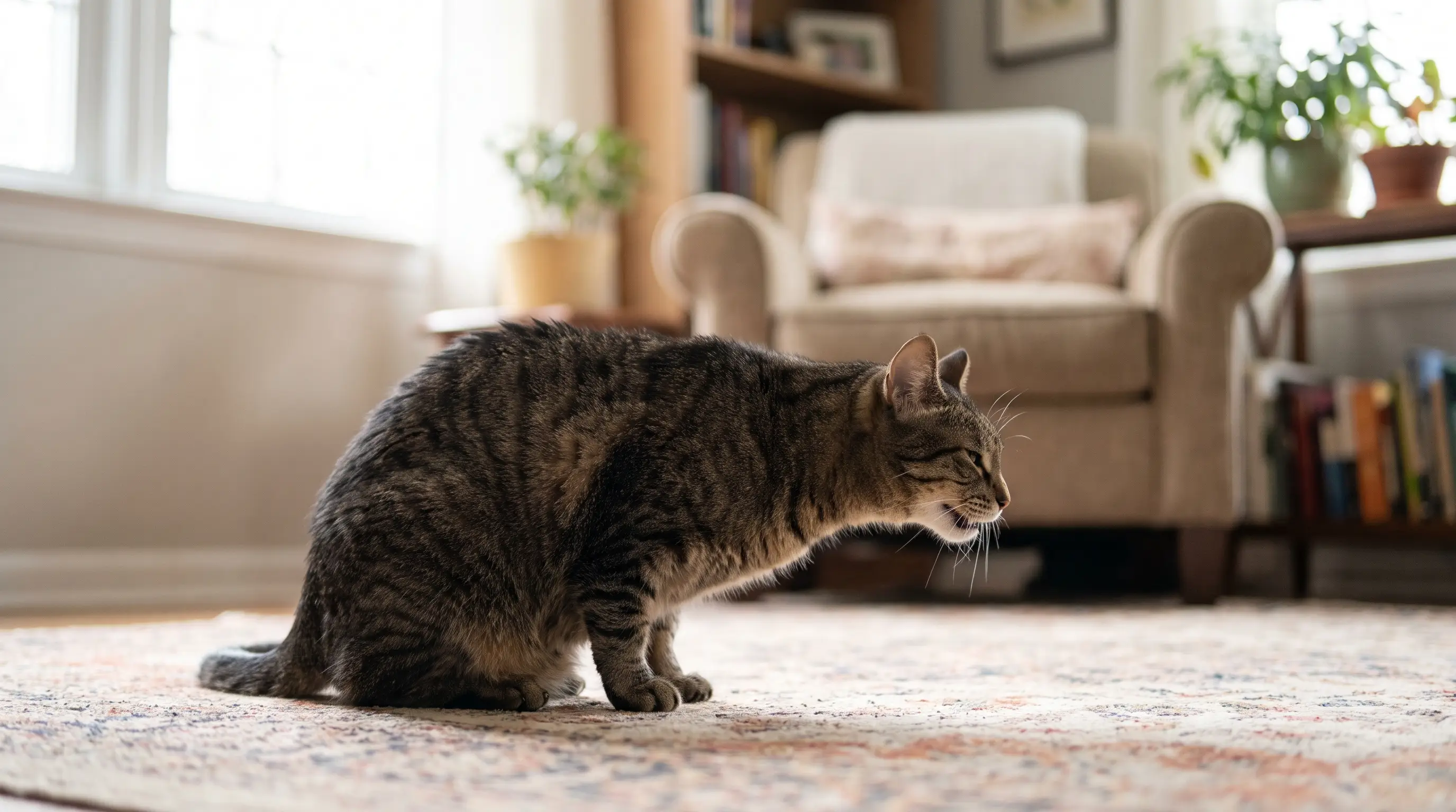 Un gatto accovacciato con il collo teso in posizione di tosse su un pavimento di legno
