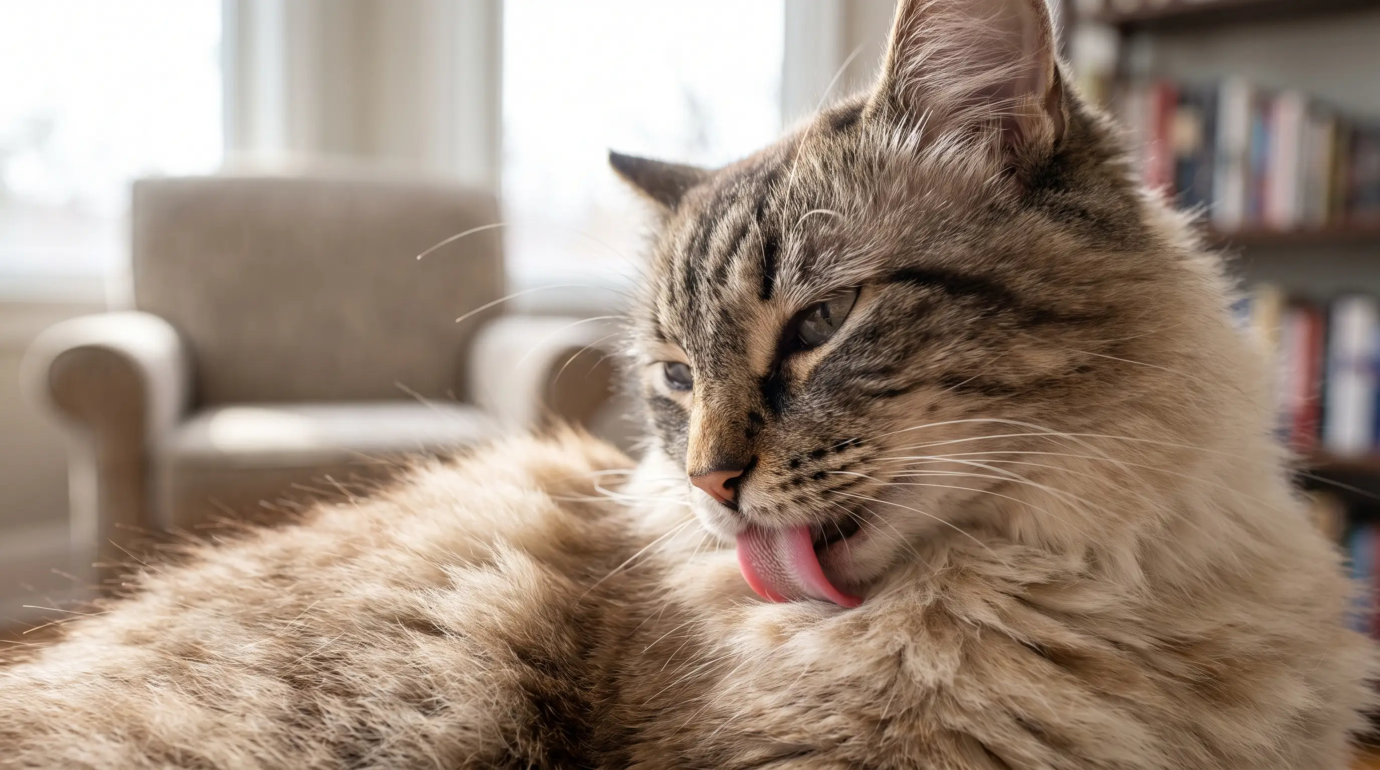 Un gatto che si pulisce, mentre si lecca la spalla con la lingua visibile