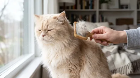 A person gently brushing a fluffy long-haired cat, loose fur collecting on the grooming brush