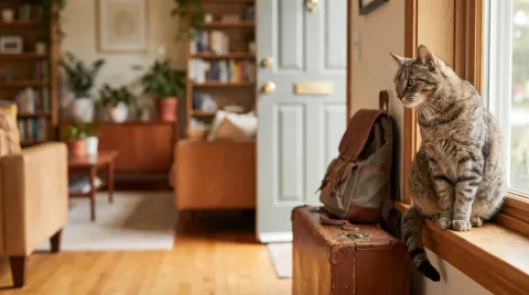 A tabby cat sitting on a windowsill at home watching a packed suitcase by the front door