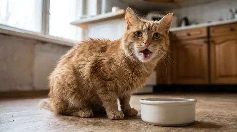 A thin elderly ginger cat with a slightly unkempt coat meowing beside an empty food bowl in a kitchen