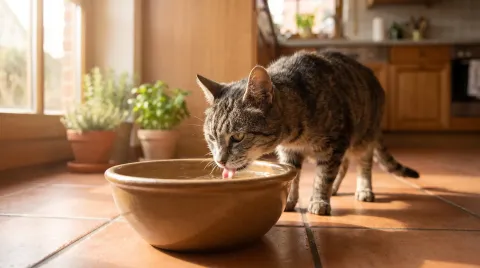 An elderly tabby cat with a grey muzzle drinking from a wide ceramic water bowl on a kitchen floor in morning light