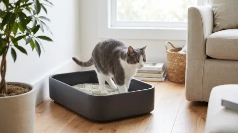 A domestic shorthair cat stepping into a clean open litter box in a quiet corner of a home.