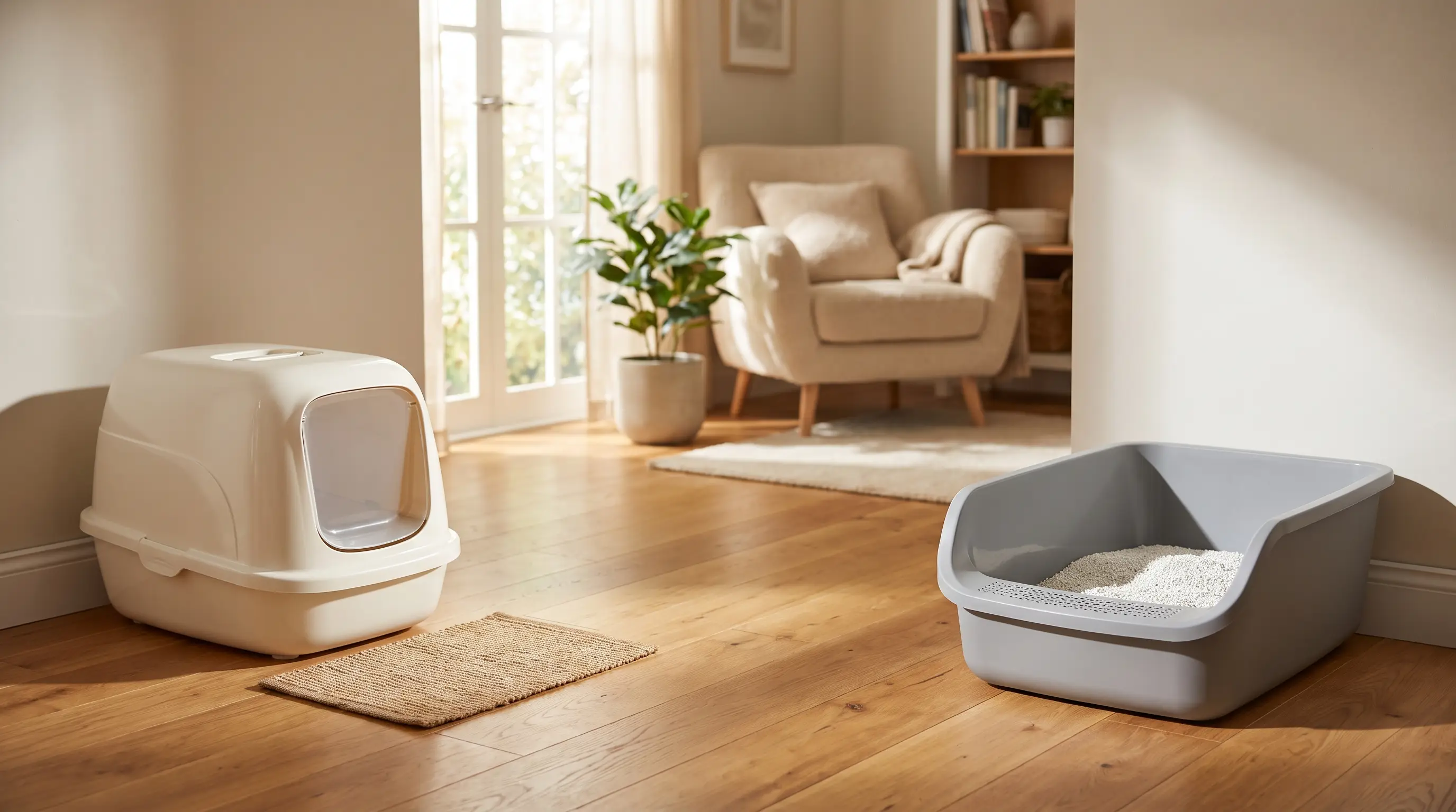 Two clean litter boxes placed in separate corners of a bright home.