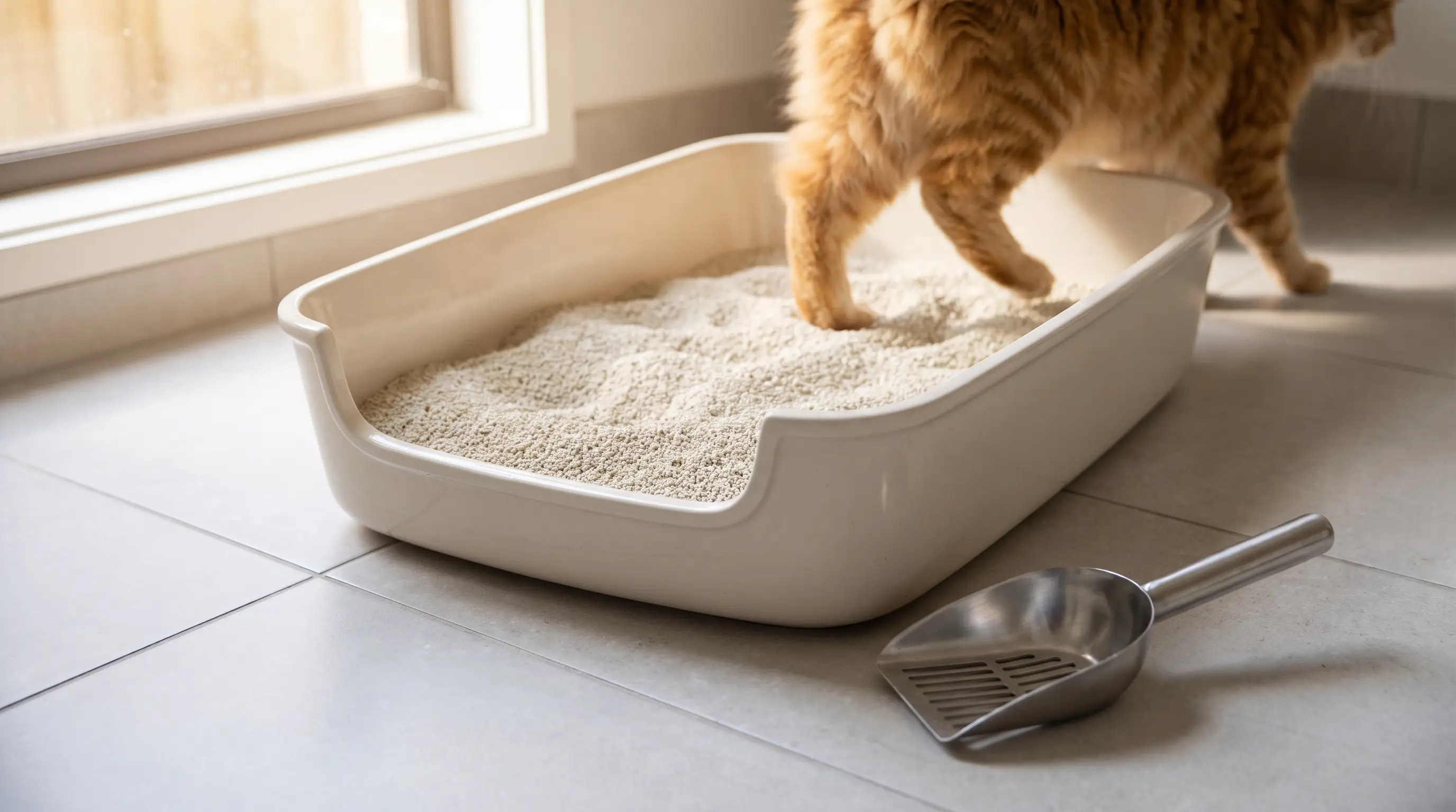 A large open litter tray with clean light litter and a scoop beside it on a tiled floor, freshly maintained