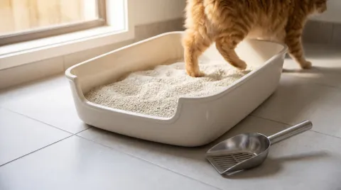 A large open litter tray with clean light litter and a scoop beside it on a tiled floor, freshly maintained