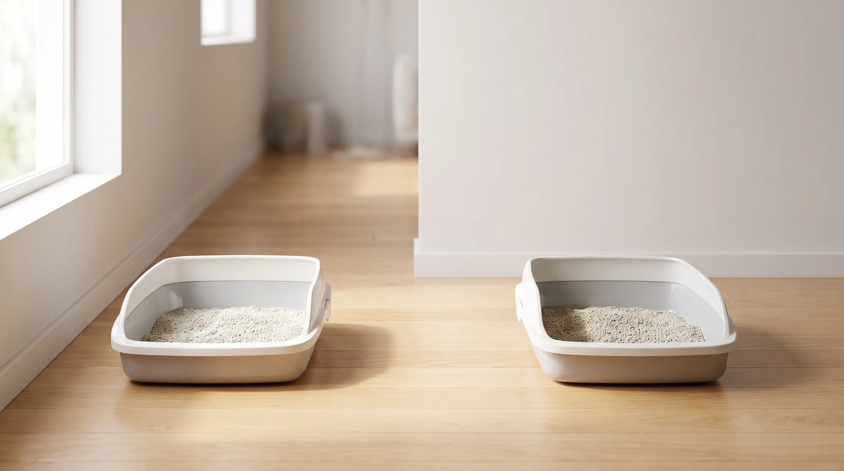 Two open litter trays placed apart from each other in a bright quiet corner with clear space around them
