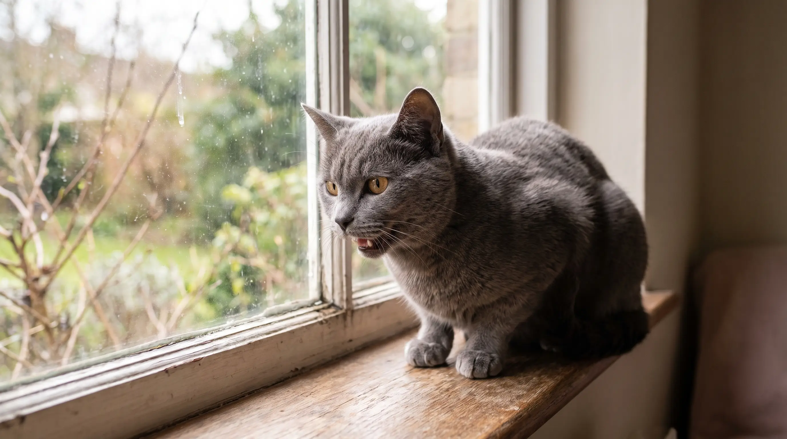Eine graue Katze kauert am Fenster und schnattert die Vögel draußen an, der Kiefer zittert