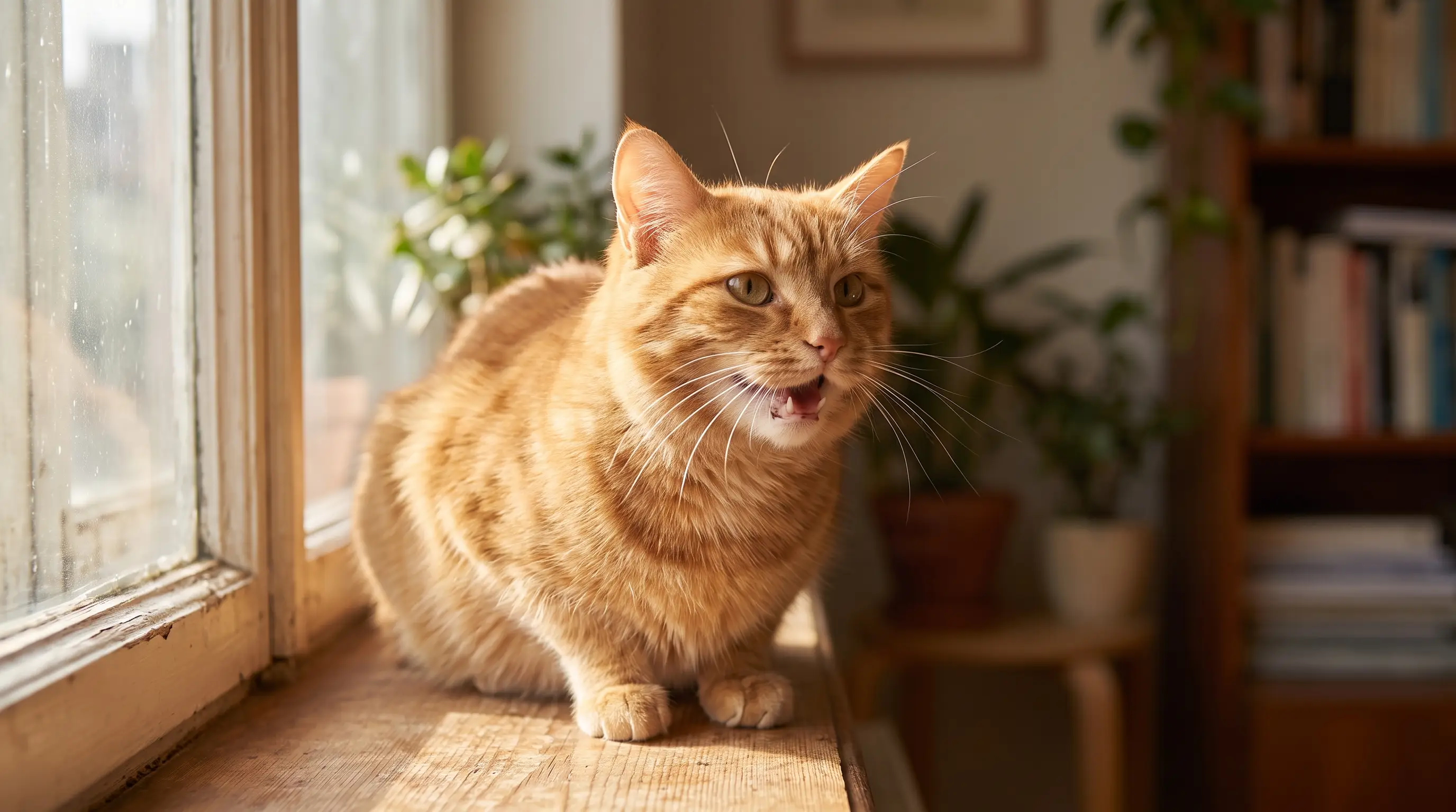 Eine rote Katze miaut auf der Fensterbank, das Maul zu einem kurzen Ruf geöffnet