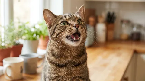 Close-up of a tabby cat looking up and meowing at a person, mouth open mid-sound