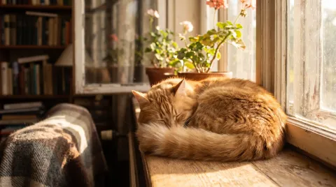 Cat curled up asleep in a sunny spot on a windowsill with its tail wrapped over its nose