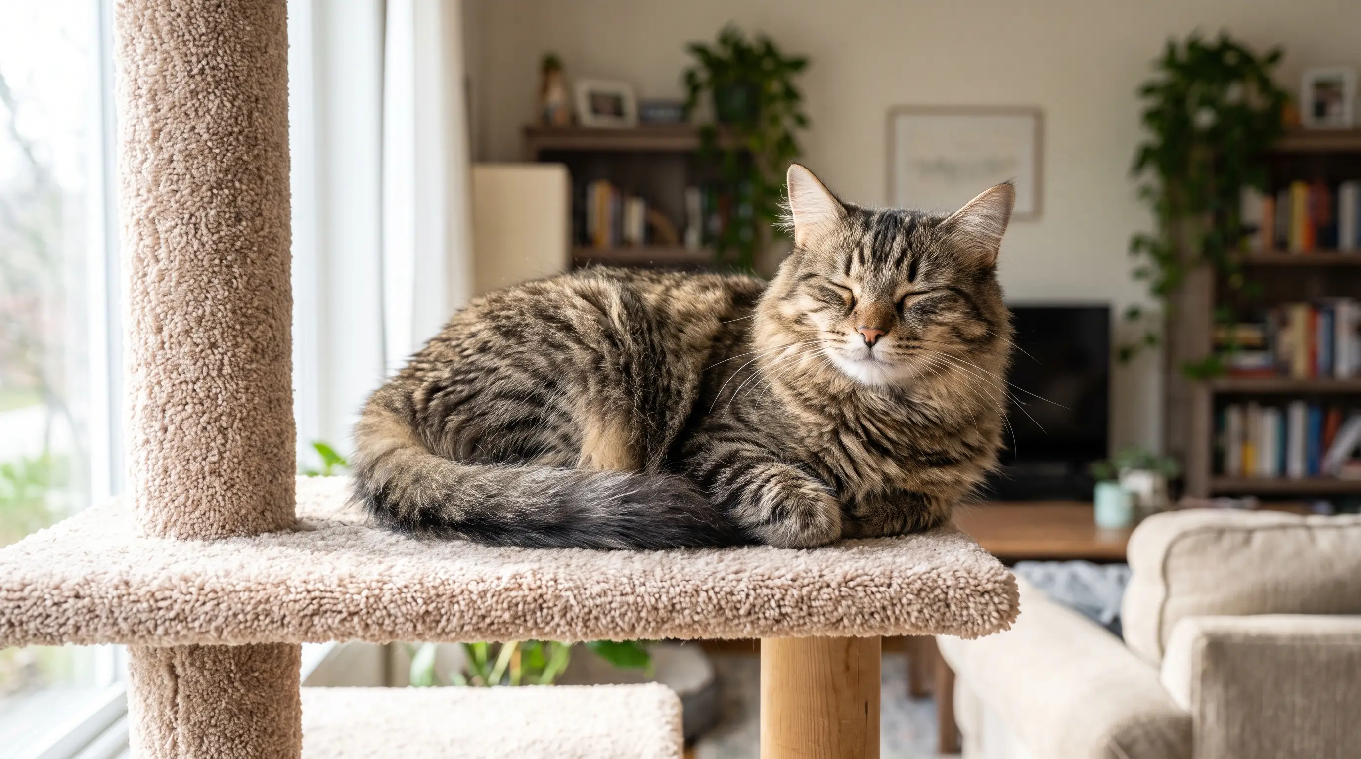 Cat resting calmly on a tall carpeted cat tree perch near a window