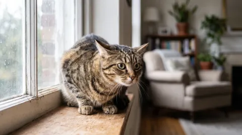 Tense grey tabby cat crouched low on a windowsill with ears flattened and pupils wide