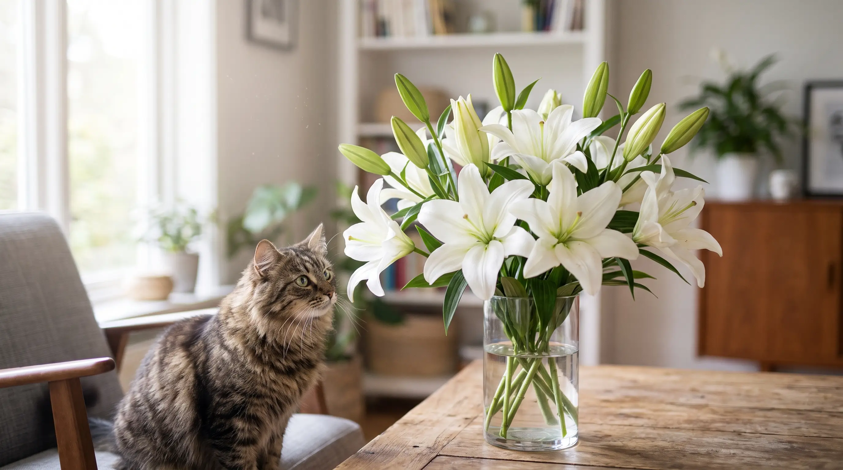 Un mazzo di gigli bianchi in un vaso su un tavolo con un gatto seduto lì accanto