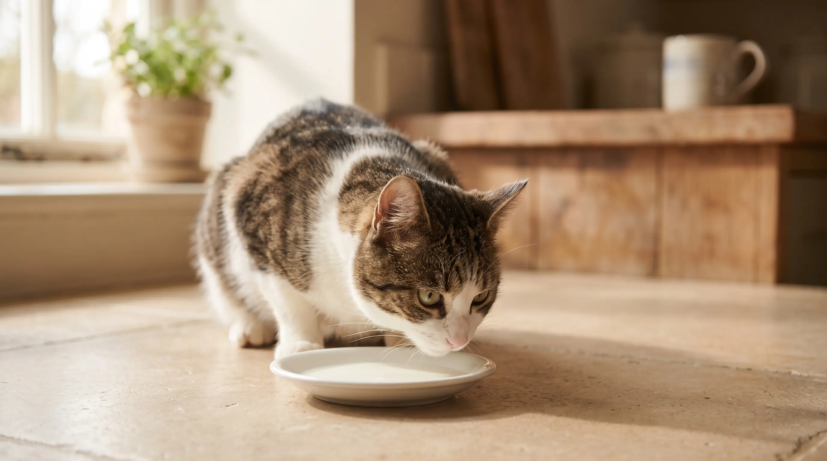 Un gatto che osserva una ciotola bassa di latte sul pavimento della cucina