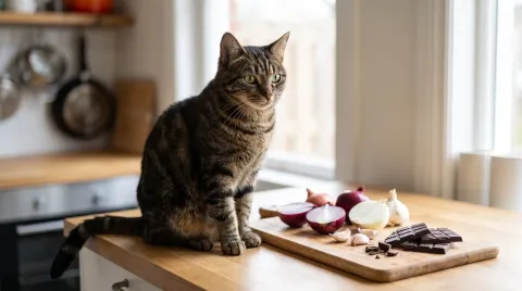 A tabby cat sitting on a kitchen counter beside a chopping board with onions, garlic and a bar of dark chocolate