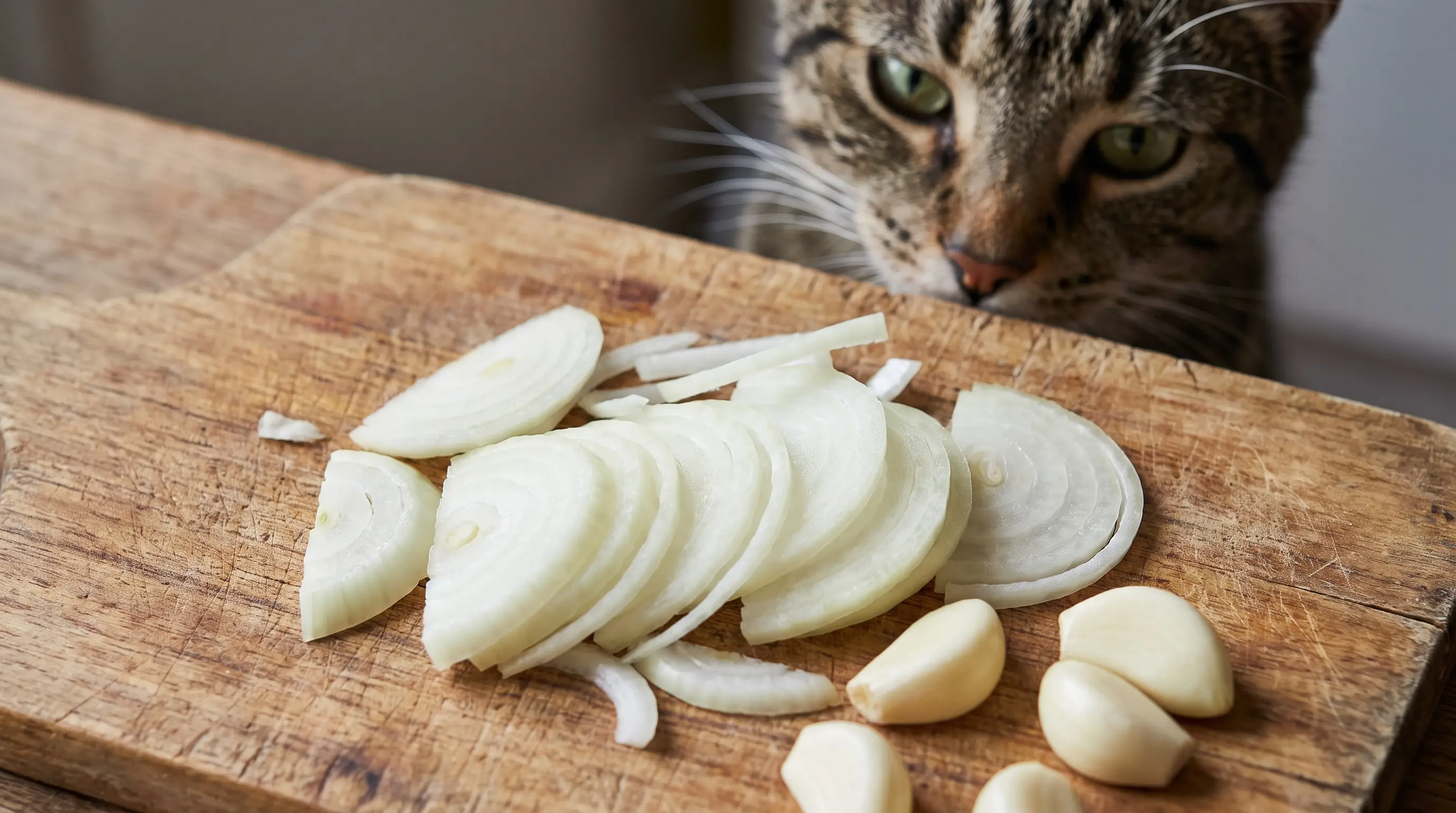 Cipolle affettate e spicchi d'aglio su un tagliere in cucina con un gatto curioso lì vicino
