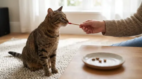 A tabby cat sitting attentively and touching its nose to a small target stick held by a person's hand