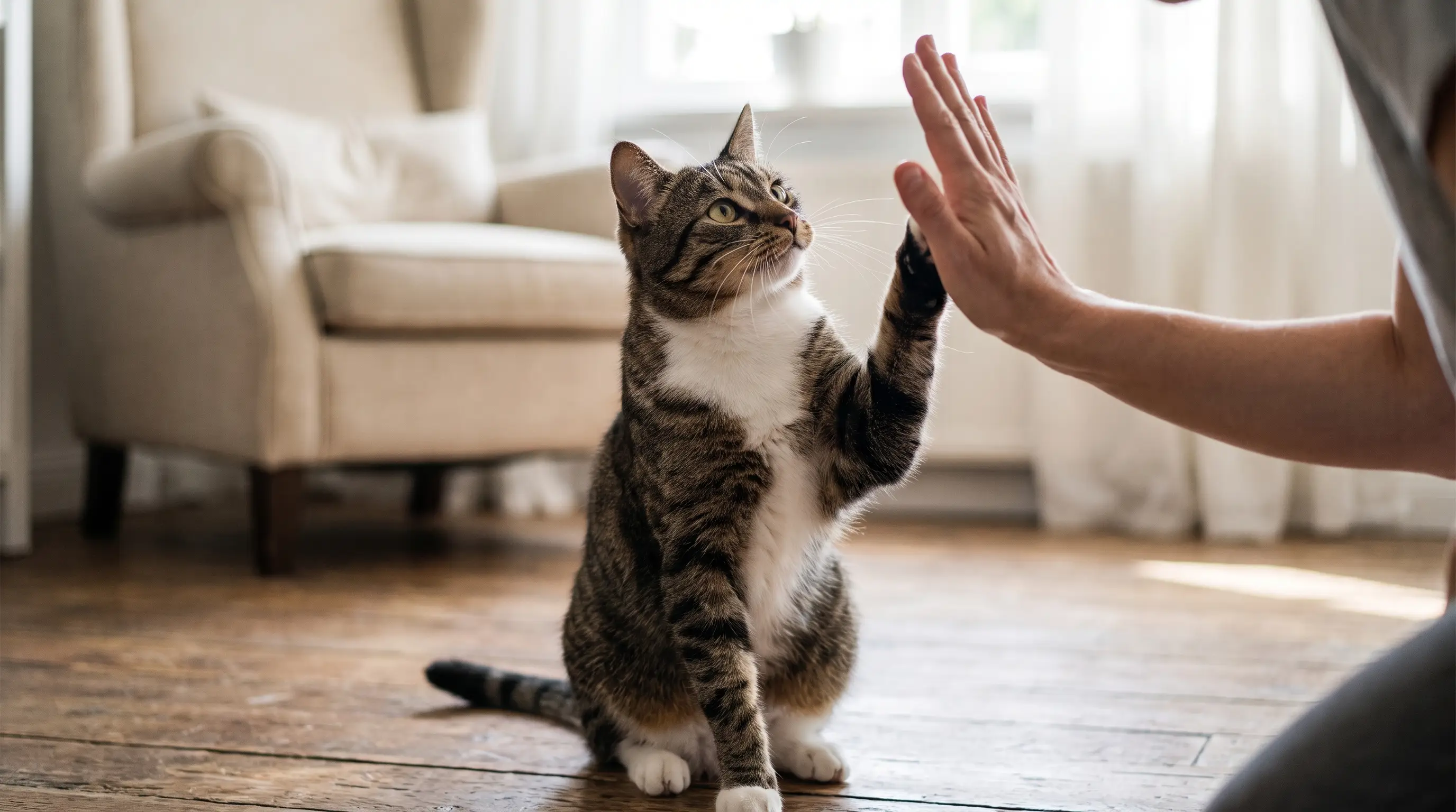A cat raising one front paw towards a person's open hand