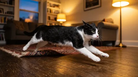 Young black and white cat sprinting flat-out across a living room floor at dusk, rug skidded behind it