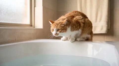 Cat perched on the edge of a bathtub eyeing the water warily with its ears slightly back