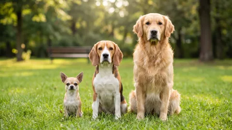 A small dog, a medium dog and a large dog sitting side by side on grass, showing the contrast in size