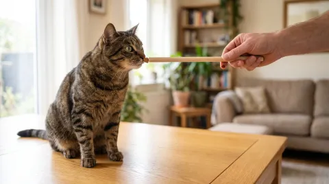 A tabby cat sitting on a wooden table, nose stretched toward a wooden target stick held by a person's hand