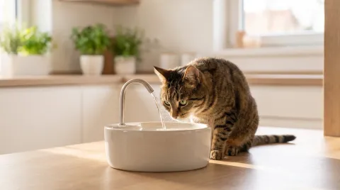A tabby cat at a ceramic pet water fountain on a bright kitchen counter, watching the stream of water