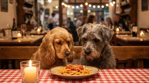 A golden American Cocker Spaniel and a scruffy grey mixed-breed dog sharing a single plate of spaghetti at a candlelit table