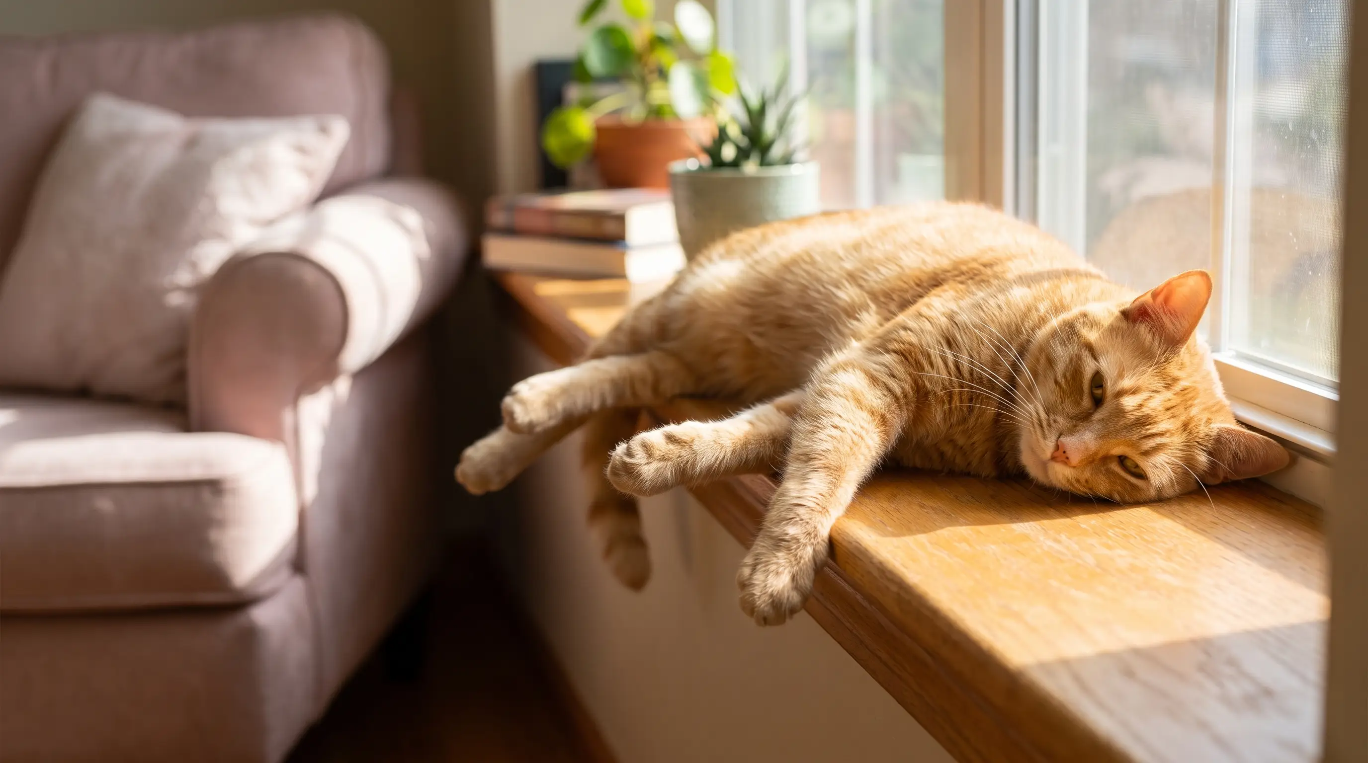Eine Katze in tiefem, entspanntem Schlaf, ausgestreckt auf einem sonnigen Fensterbrett, der Körper völlig schlaff