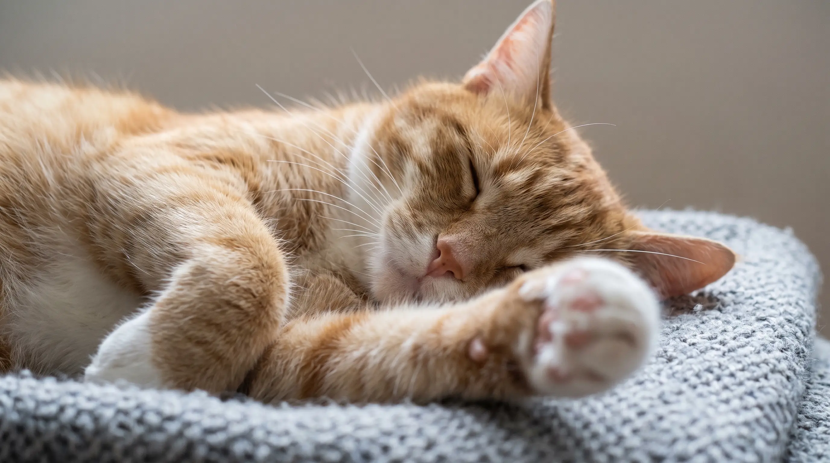 Nahaufnahme des Gesichts einer schlafenden Katze mit entspannten Schnurrhaaren und Pfoten, eine Pfote zeigt ein leichtes Zucken
