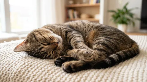 A tabby cat in deep sleep on a soft blanket, paws curled and whiskers relaxed, one paw mid-twitch