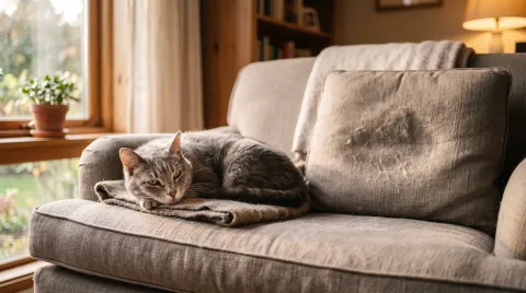 Senior grey cat resting on a sunlit armchair beside an empty second cushion