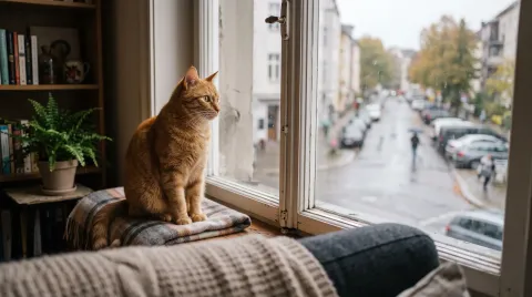 Ginger tabby cat sitting alone on a windowsill inside a quiet apartment, looking out at the street