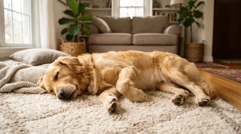 Golden retriever asleep on its side on a cream rug in a sunlit living room, paws stretched out