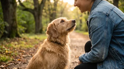 Golden mixed-breed dog gazing up into the eyes of its owner, who crouches at dog level in warm evening light