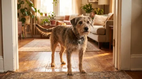 A newly adopted mixed-breed dog standing cautiously in the open doorway of a new home in warm light