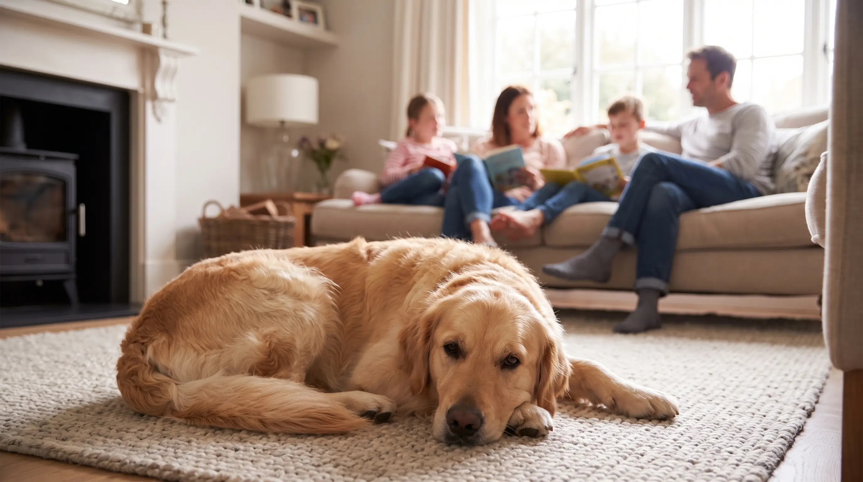 Un cane rilassato e soddisfatto sdraiato su un tappeto in un soggiorno accogliente, con la famiglia vicino