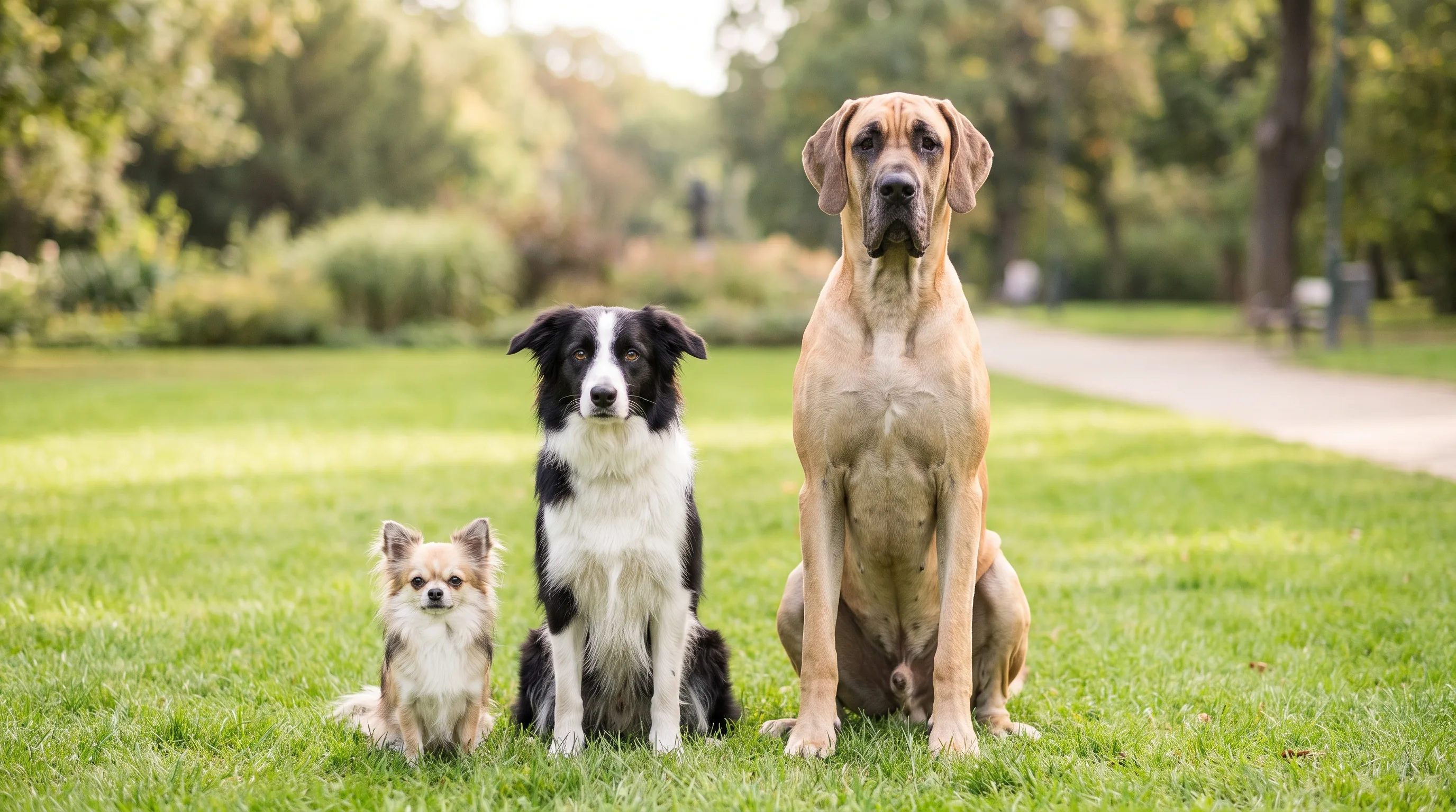 A Chihuahua, a Border Collie and a Great Dane sitting together on grass, showing the size range that decides how fast a dog ages