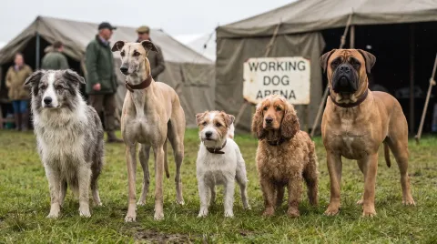 A line-up of very different working dogs standing together at a rural dog show, from a tall sighthound to a stocky guardian breed.