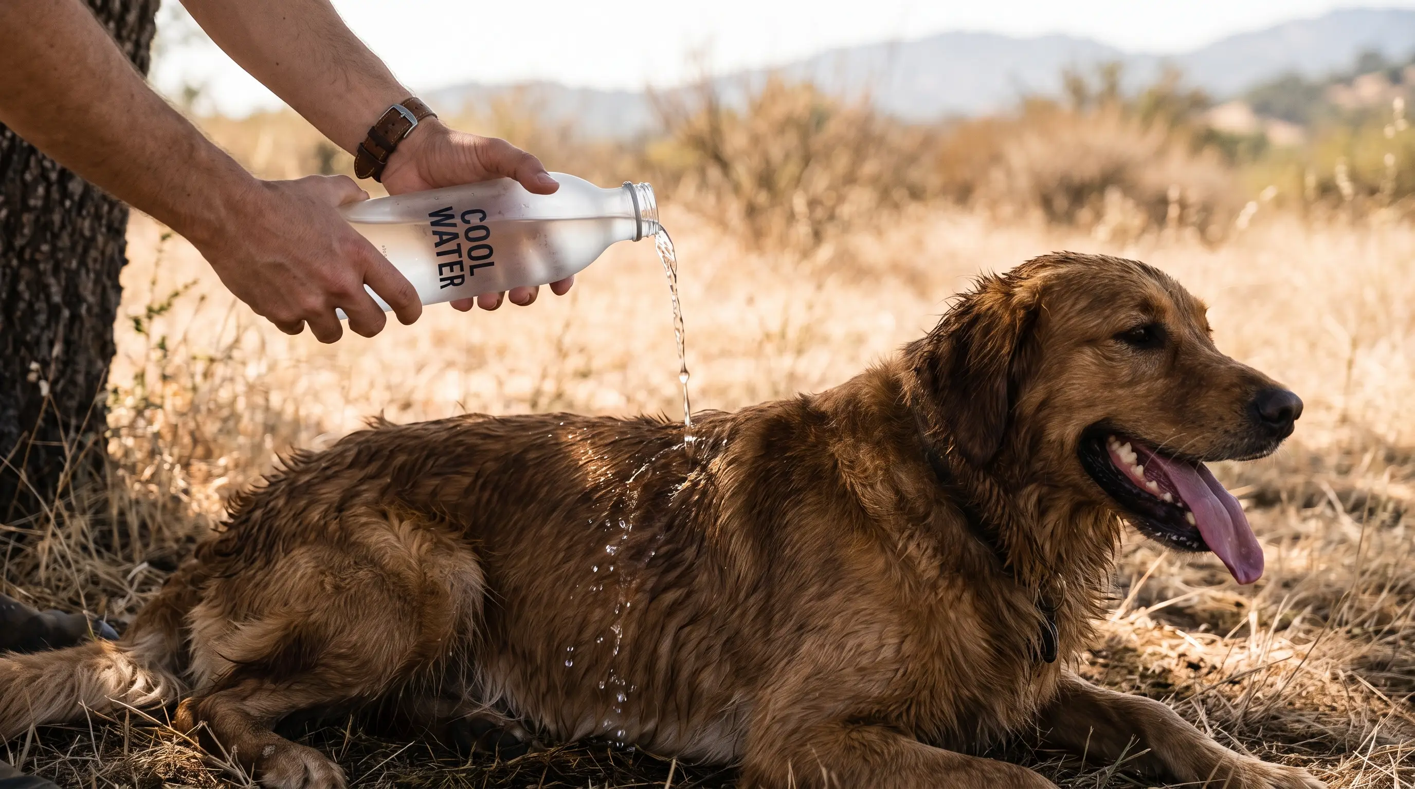 Una persona versa acqua fresca sul corpo di un cane all'aperto per rinfrescarlo