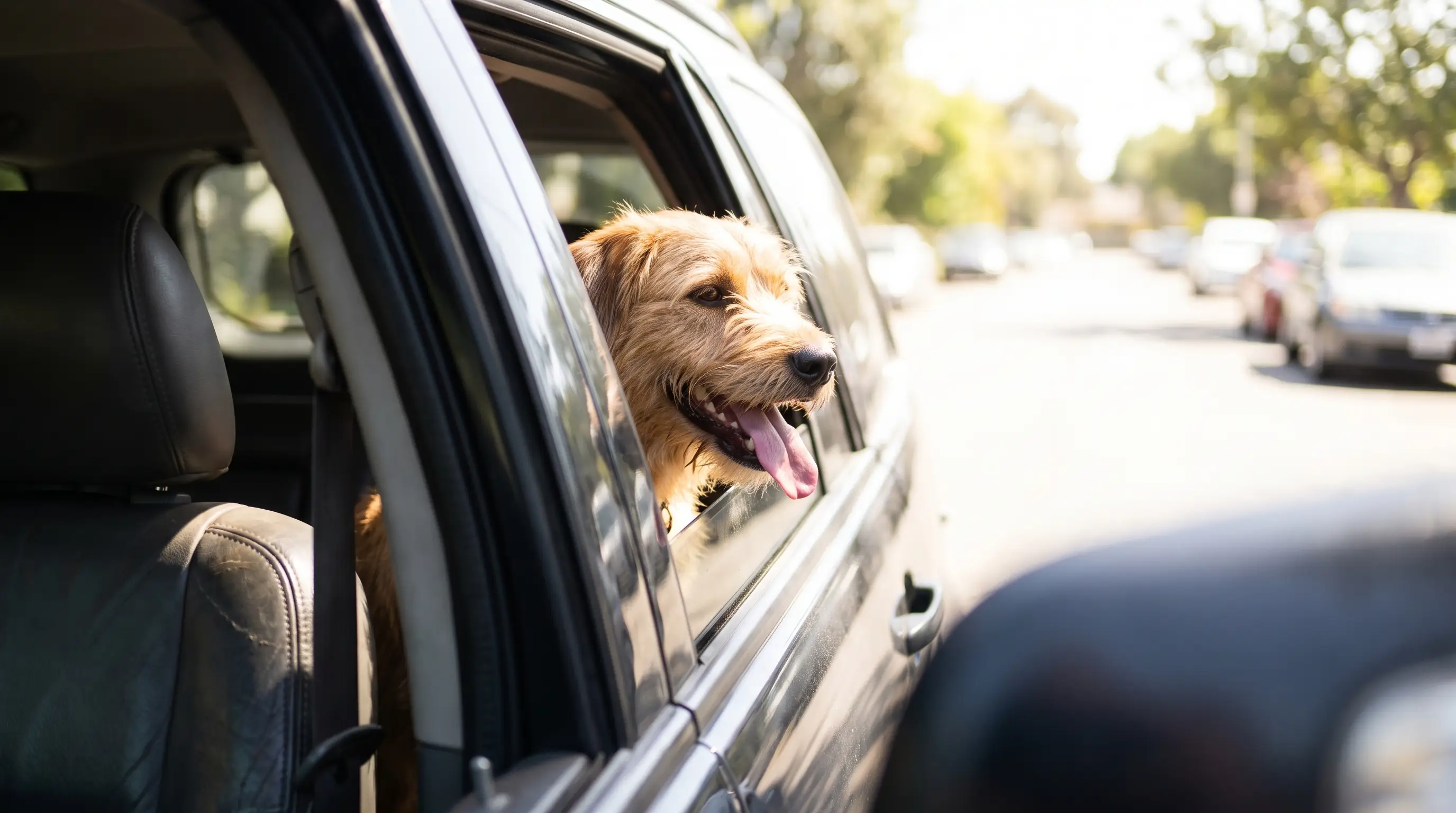 Un cane che guarda fuori dal finestrino di un'auto parcheggiata in una giornata di sole