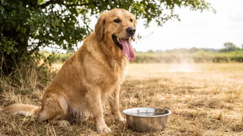 A panting dog resting in the shade on a hot summer day, tongue out, beside a bowl of water