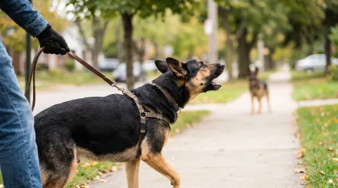 Black and tan dog straining forward hard against a taut lead on a suburban pavement, barking toward a distant dog